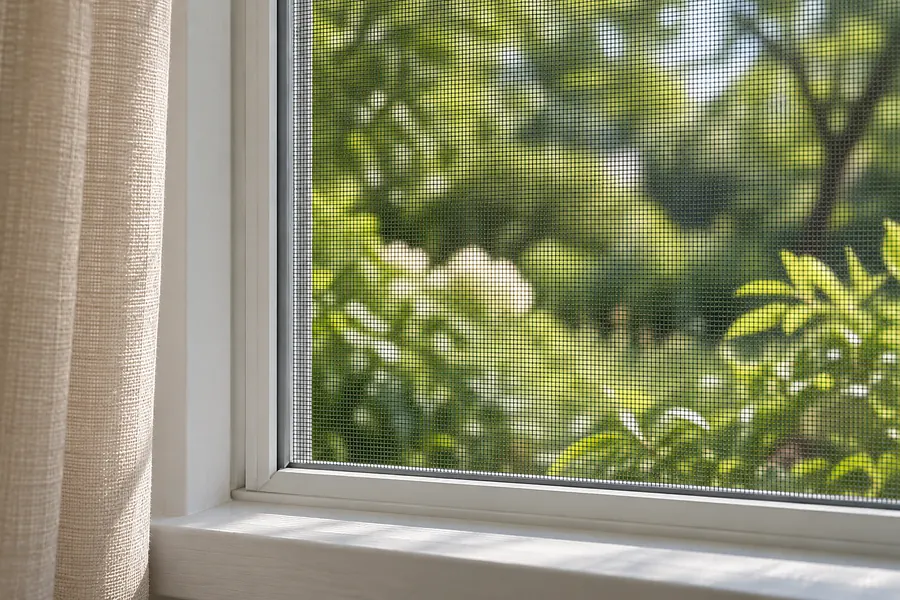 Ein feines Insektenschutzgitter im Fensterrahmen, dahinter ein unscharfer Garten (KI-Illustration)