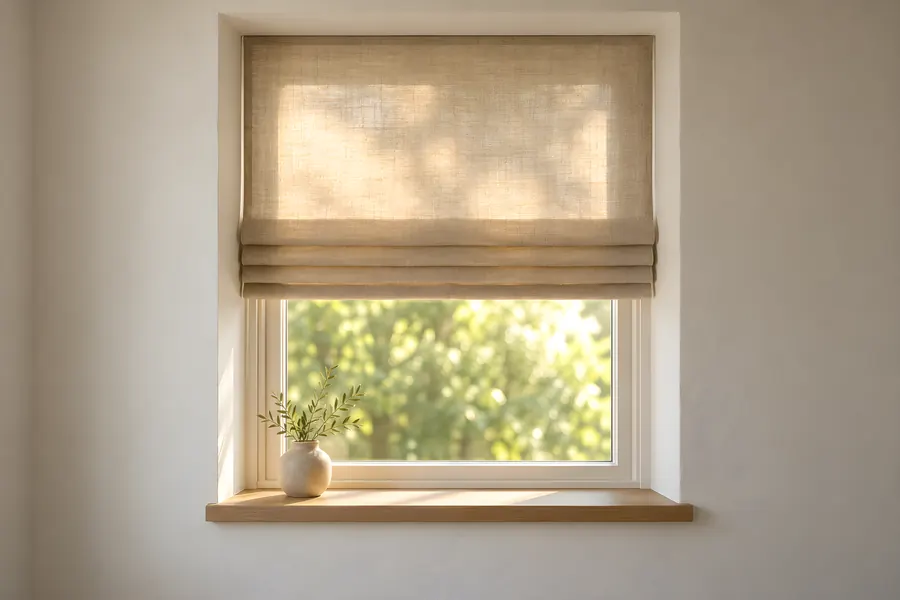 Ein halb heruntergelassenes Raffrollo aus Leinen in einer Fensternische, Sonne scheint durch den Stoff (KI-Illustration)